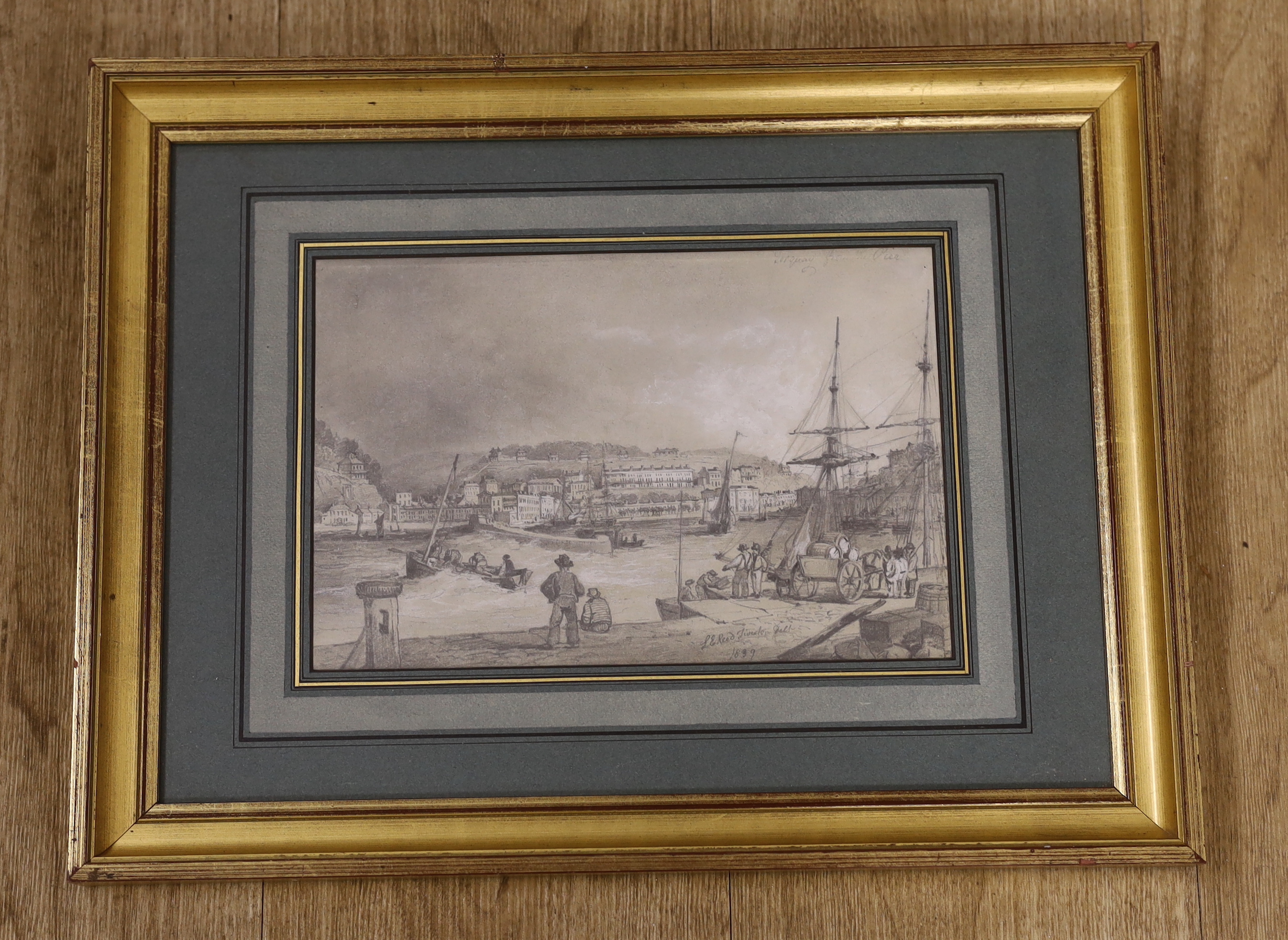 L.E. Reed (19th.C), heightened pencil, 'Torquay harbour from the pier', signed and dated 1839, 24 x 16cm